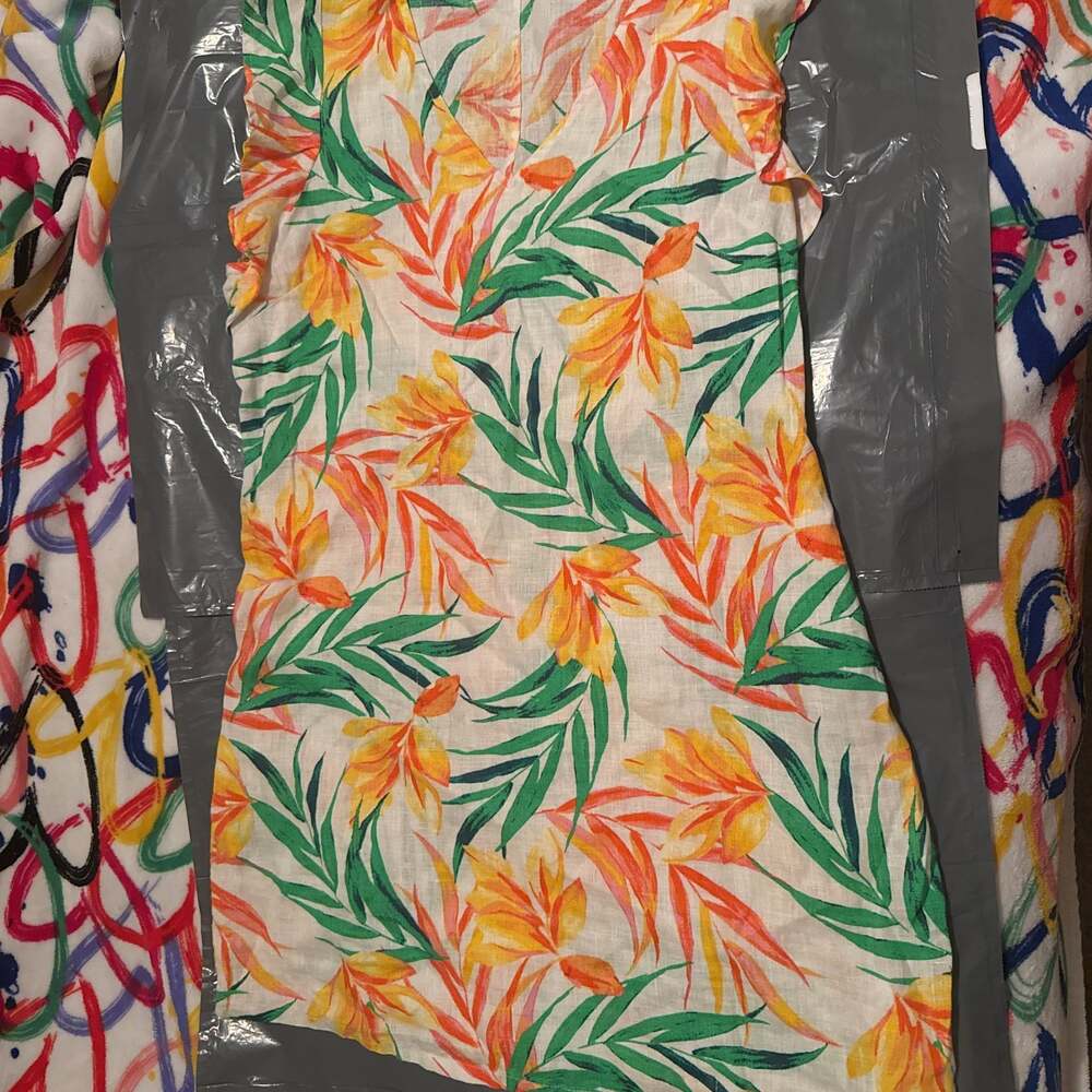 Nicole Miller 100% Linen Shift Dress L White‎ Green Tropical Print Cap Sleeve